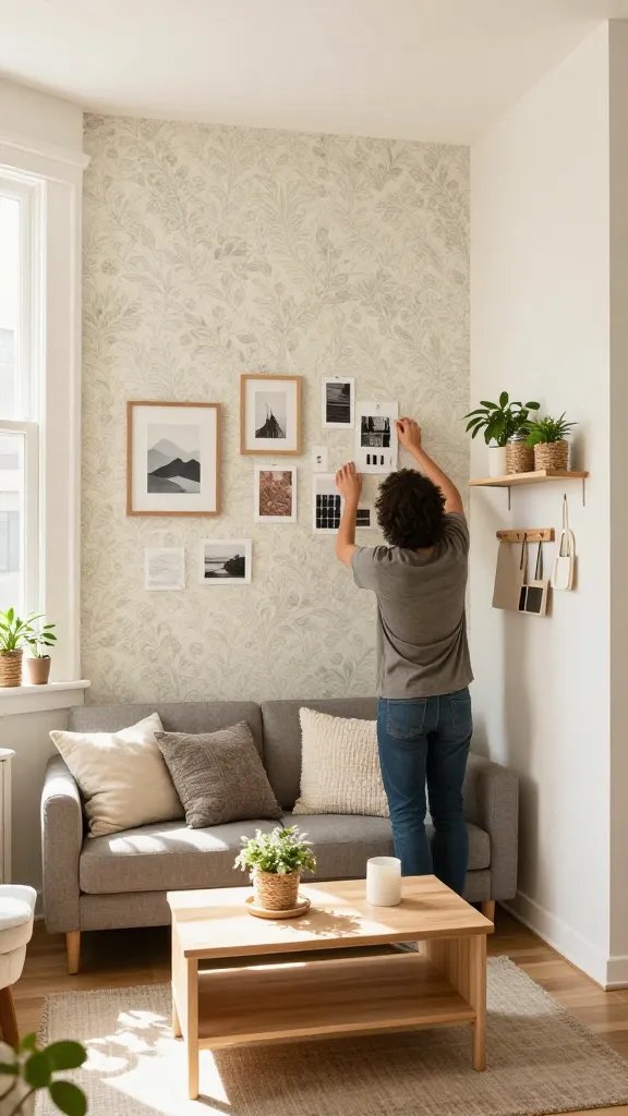 A bright, sunlit mini studio apartment living area with a cozy, personal touch, featuring a stylish, compact space that feels larger than it is. The main subject from the article title should be a confident, everyday person (adult figure) organizing and decorating the space, standing near a small but chic sofa adorned with swapped-in throw pillows in varying textures and colors. Emphasize affordable, removable decor: a clearly faux wallpaper focal wall with a subtle, removable pattern in a calming tone, affordable framed art swaps hung neatly on the wall, and DIY-planter accents made from jars and rope perched on a shelf and window ledge. Include a rotating array of accents—mini plants, a few mood boards, and a small lamp—demonstrating how the space can change with moods. The setting should showcase clever storage: a compact coffee table with hidden compartments, modular shelves, and a wall-mounted organizer. Lighting is warm and natural, with soft shadows to convey realism. The scene should convey a modern, attainable tiny home aesthetic that feels personal, cozy, and adaptable, with no text or branding visible.
