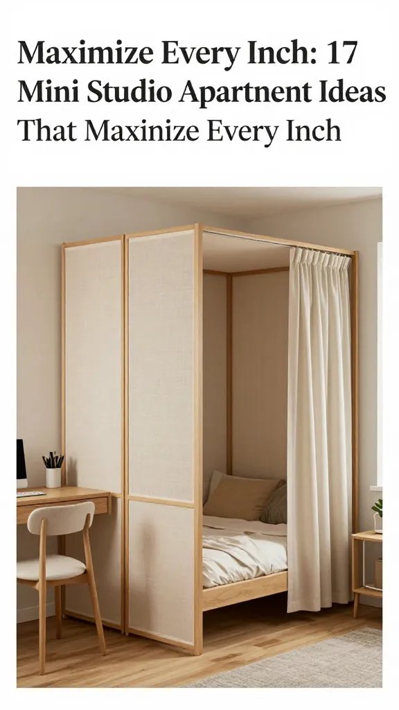 A realistic high-quality photo of a small studio living space that demonstrates practical privacy for open layouts: a cozy sleep nook separated by a lightweight folding screen with a subtle wood frame and breathable fabric, paired with a softly drawn curtain beside the bed that can be drawn to create a private retreat without closing off the room. Include a compact room divider with built-in storage that blends seamlessly with the surrounding decor, showcasing how privacy and openness coexist in a tiny footprint. The main subject from the article title “Maximize Every Inch: 17 Mini Studio Apartment Ideas That Maximize Every Inch” should be represented by the overall studio scene and its design intent, not by visible text. The setting features clean lines, warm neutral tones, smart space-saving furniture, and soft natural lighting to emphasize airy openness with functional privacy elements. The composition should feel real and lived-in, with a tidy workspace, a small seating area, and thoughtful storage integrated into the privacy screens.