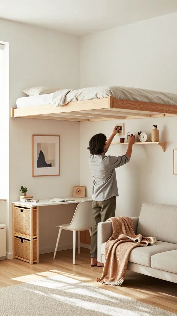 A realistic, high-resolution photo of a compact, sunlit studio living space that embodies a daily design routine. The room features a small, neatly organized multifunctional layout with a clean, modern aesthetic: a wall-mounted bed frame that folds up to reveal a stylish, clutter-free living area; a slim desk setup with a lightweight chair; and a compact storage wall with labeled baskets. Show a person in casual, contemporary attire performing a micro-routine: swapping a framed piece of art on the wall, adjusting a textile throw on a sofa, and rotating a few small decor items on a narrow shelf. Include subtle seasonal touches like a throw blanket in a warm color, a small plant, and a minimal clock. The space should look pristine, with soft natural light pouring in through a window, highlighting the texture of fabrics, the grain of wood furniture, and the crisp lines of storage solutions. Emphasize scale that makes the tiny space feel lived-in yet thoughtfully curated, with no visible text or branding.