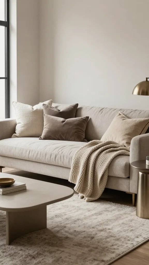 A realistic, high-quality interior photograph of a small studio living space focusing on layered textures. The scene features a plush area rug in a soft neutral tone, a low-profile sleek coffee table with a matte finish, and a variety of throw pillows and blankets in mixed textures (soft linens, chunky knits, and smooth velvets). Include a balance of matte and metallic accents in decor elements such as a brushed nickel lamp, a sleek metal side table, and subtle metallic trim on cushions. Keep the color palette cohesive with cohesive neutrals (warm beige, taupe, ivory, and soft gray) to avoid visual chaos while enhancing depth. The main subject from the article title should be clearly represented: a small studio apartment living area that feels bigger and cozier, with layered textures creating warmth and dimension. The composition should be well-lit with natural light streaming from a window, creating soft shadows that highlight the texture variety. No text anywhere in the image.
