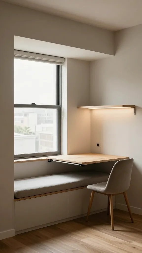 A realistic, high-quality interior photograph of a small, airy studio living space showcasing a built-in nook that combines a window seat, study area, and storage bench. The window seat runs along a sunlit window, with a cushioned, hidden-storage bench under the seat cushion and a pull-out desk tucked into the side of the nook for a compact work setup. The study area features a slim, wall-mounted desk that folds away when not in use, paired with a comfortable ergonomic chair. The nook is painted in a complementary accent color that ties into the overall neutral palette of the apartment, with tidy, integrated storage above and below the seating. The space is uncluttered, with sleek finishes, warm wood tones, and soft ambient lighting that creates a cozy, binge-watching or work-ready vibe. The main subject from the article title is Embrace Built-In Nooks: a small apartment transformed by smart, built-in corners. No text on the image.