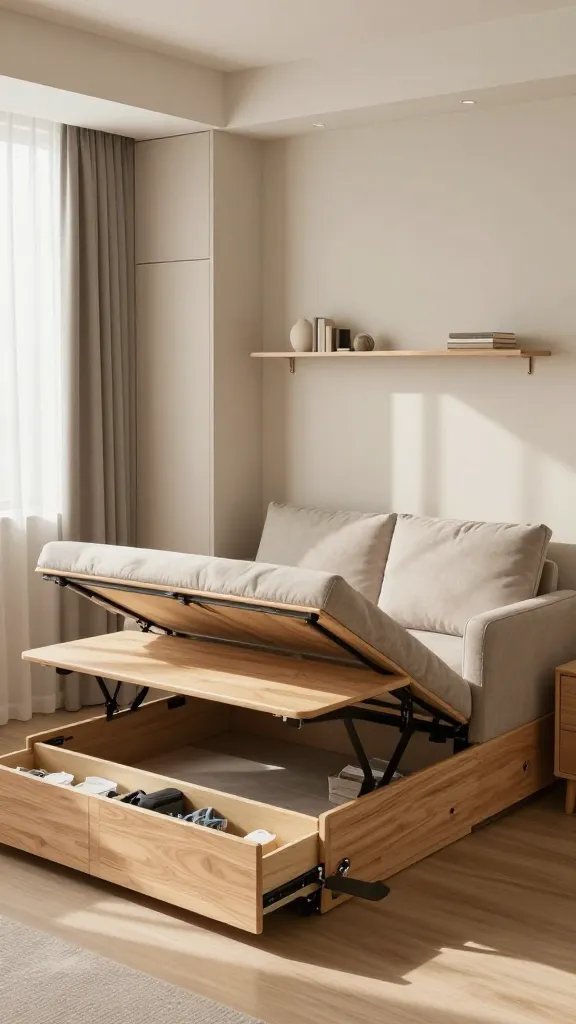 A high-quality, photorealistic interior shot of a compact, modern studio living space featuring multi-functional, double-duty furniture. The main focus is a sofa bed with hidden storage placed against a light, neutral wall, its cushions neatly arranged, with a low-profile coffee table in front that lifts up to reveal organized storage. The coffee table should be open slightly to show discreet compartments and stored clutter neatly hidden inside. To the side, a bed frame with under-bed drawers is visible, maximizing vertical space, with the drawers partially open to reveal folded linens and bins. The room includes a wall-mounted shelf with a few minimal accessories, a slim wardrobe with clean lines, and a small nightstand with a charging station. Natural light streams in from a large window with sheer curtains, casting soft shadows that accentuate the functional, uncluttered layout. The color palette is warm neutrals—soft beiges, muted taupes, and touches of wood grain—creating an airy, organized ambiance that emphasizes efficiency and flow in a tiny space. No text or branding in the image.