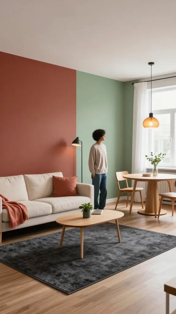 A realistic, high-quality photo of a small studio living space that demonstrates visual zoning with color: a main subject person, mid-tone skin and casual home outfit, standing in a bright, cleverly divided studio. The left wall is painted a rich, grounding deep terracotta that anchors the space, while a large plush area rug in warm charcoal separates the living area from the dining nook. The living area features a compact sofa in muted ivory with a coral throw, a low coffee table, and a few greenery accents. The dining nook is defined by a second color block on the wall in a soft sage green and is paired with a round wooden dining table and two slender chairs. Pendant lights with warm amber glow hang above the dining area and a separate, pendant-style floor lamp frames the living zone, creating clear but harmonious zones without walls. Natural light floods through a nearby window with sheer white curtains, highlighting organized, intentional movement through the space. The overall composition conveys a sane, organized flow in a well-lit, stylish small studio with clean lines, textures, and balanced color blocking, no text present in the image.