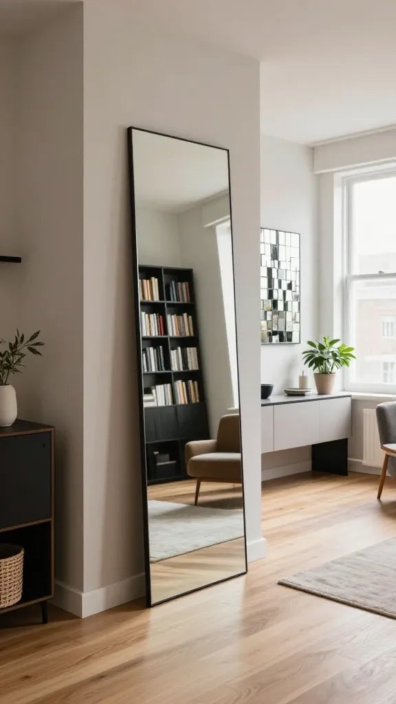 A bright, modern one-bedroom studio interior featuring a tall, slim full-length mirror mounted on an entry wall beside a sleek console, reflecting soft natural daylight from a large window across the room; the space should feel expansive with a clean, minimalist aesthetic, light wood floors, neutral walls, and carefully placed mirrors that create visual depth—mirrors behind a bookshelf as a chic highlight and a mosaic panel mirror as an accent, with subtle decorative elements like potted plants, a small rug, and contemporary furniture; the overall composition emphasizes the mirror magic concept, realistic textures, natural lighting, and a high-resolution, cinematic look without any text on the image.