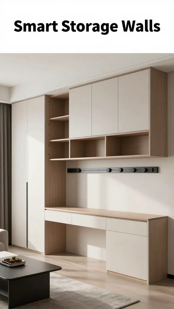 A realistic, high-quality photo of a modern small studio living space showcasing smart storage walls: floor-to-ceiling built-in shelving running along one wall with a mix of tall, slim cabinets, open shelving, and closed cabinets, complemented by slim floating cabinets mounted above a compact seating area with a low-profile sofa and a small coffee table. Magnetic strips and peg rails are integrated along the wall for daily essentials, with a minimalist, clutter-free aesthetic and clean lines. The scene includes a neatly organized wardrobe hidden behind tall panels, subtle media kit storage integrated into the wall, and soft, natural lighting casting gentle shadows to emphasize the seamless, space-saving design. The main subject from the article title should be visually represented as “Smart Storage Walls” within the room, without any visible text on the image.