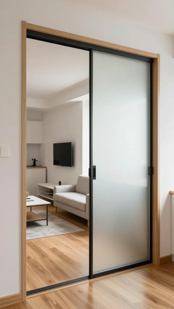 A realistic, high-quality interior photograph of a compact, modern studio apartment showcasing sliding doors as space-saving solutions. The foreground features a stylish frosted-glass sliding door with a track and smooth, soft-close hardware, partially open to reveal a bright, airy living area connected to a small kitchenette. The door is mounted on a clean, minimalist wall with light natural wood trim, and the floor transitions seamlessly between rooms with warm-toned wooden flooring. The living space beyond includes a compact seating area with a slim-profile sofa, a small coffee table, and a wall-mounted TV, all in neutral tones with subtle texture. Natural light streams through the frosted glass, creating a soft, diffused glow while maintaining privacy. The overall scene emphasizes space efficiency, modern design, and the premium feel of sliding doors without visible hinges, with no text on the image.