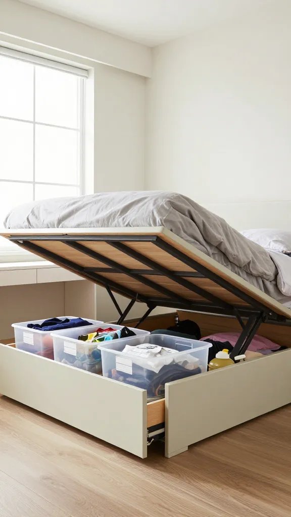 A realistic, high-quality photograph of a small-modern studio bedroom featuring an elevated bed with built-in storage underneath. The frame is raised on sturdy legs with a gas-lift or hydraulic under-bed mechanism, revealing clear, labeled bins and drawers neatly organized underneath. The bed has a low-profile, unobtrusive headboard to keep sightlines open, and the space beneath is bright and tidy with visible, easily identifiable clothing, linens, and essentials. The room is styled in neutral tones with natural light flooding in from a window, reflecting a calm, organized atmosphere that makes a small space feel bigger and more functional. No text on the image.