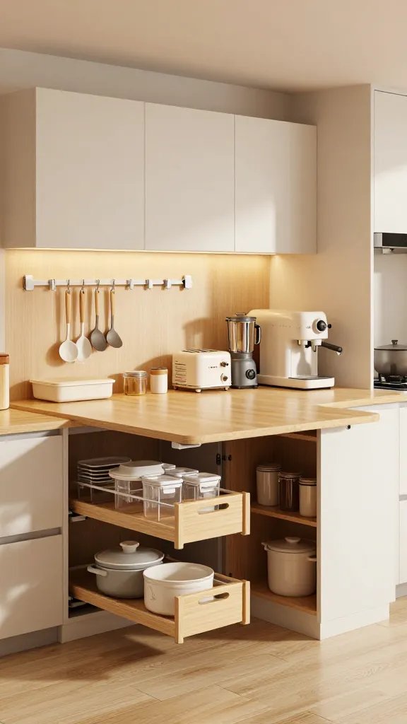 A high-resolution, photo-realistic interior scene of a compact, modern studio kitchen showcasing fold-away and space-saving solutions. The main subject should be the concept of a fold-away kitchen: a wall with a hidden, pull-out foldable countertop that extends to create a small workspace, with a sleek, wall-mounted drop-leaf counter folded down. Include a magnetic knife strip and peg rail along the backsplash holding a few essential utensils, and neatly stacked, compact appliances such as a small toaster, mini blender, and a compact espresso machine tucked under the counter. Display tiered organizers and stackable cookware stored in slim drawers and shelves, with transparent containers and labeled jars to imply order. Use warm, natural lighting and soft shadows to emphasize organization and efficiency. The overall color palette should be light wood tones, white cabinetry, and subtle gray accents to convey a calm, functional kitchen that feels larger than its footprint. No text or branding on the image.