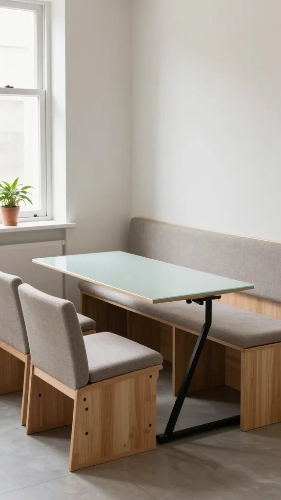 A realistic, high-quality photo of a compact dining nook in a modern studio apartment, featuring a built-in bench with a lift-up lid for storage, a slim light-colored glass tabletop, and two small tuck-away chairs that can be nested or folded to save space; the bench runs along a wall with a soft, airy color scheme (whitewashed walls, pale wood tones, and subtle textures), integrated storage compartments beneath the bench, a minimalist, clutter-free ambiance with natural light filtering through a nearby window, a small plant or greenery for a touch of warmth, and a multipurpose vibe showing that the nook serves for meals, work, or game night without dominating the room; photography style should resemble a lifestyle interior shot, with balanced lighting, shallow depth of field to highlight the compact setup, and attention to realistic textures such as wood grain, fabric upholstery, and glass tabletop. No text on the image.