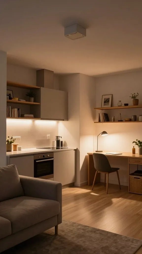 A high-resolution, hyper-realistic interior photo of a compact studio apartment showcasing expert lighting layering. The main subject from the article title is the overall space—an open-plan studio featuring soft ambient light, warm task lighting at a compact kitchenette and a reading nook, and strategic accent lighting that widens the room. The scene includes dimmable ceiling lights with a modern recessed fixture, a floor lamp in a corner casting a gentle glow, Task lighting over a small desk or workspace, and under-shelf LED strips highlighting decorative display zones. The color palette is warm neutrals with touches of wood, creating depth and dimension. The space should feel airy and bigger than its footprint, with reflections and light bounce from light-colored walls and polished surfaces. No text overlays. The photo is shot from a slightly elevated angle to emphasize depth, with a shallow to mid-depth field to showcase the layered lighting and the interplay between ambient, task, and accent lighting. Realistic textures: fabric sofa, wooden shelves, metal light fixtures, soft shadows, and a subtle glow that suggests a lived-in, welcoming environment.