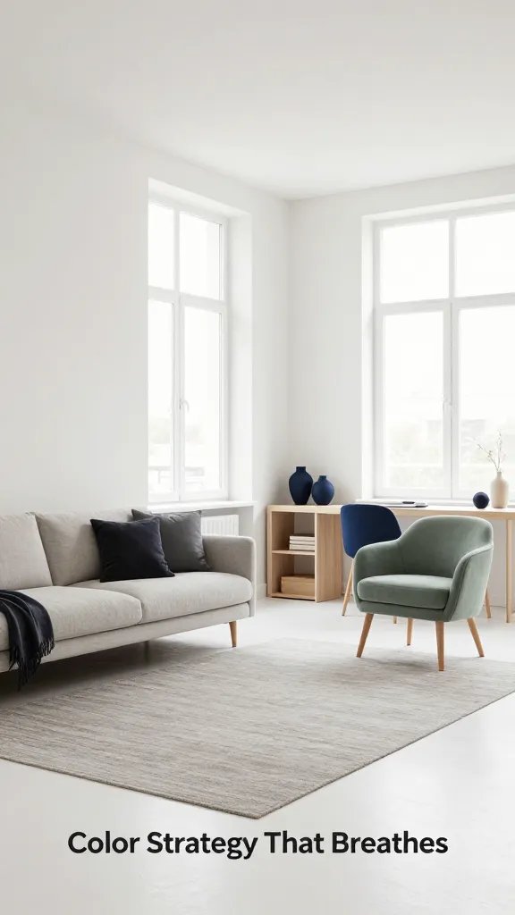 A realistic, high-quality photo of a bright, modern small studio living space demonstrating a calm base palette with bold accents: light, warm-white walls and soft gray tones for the base, complemented by darker accents in charcoal, sage, and navy. The room features clean lines, minimalist furnishings, and a cohesive color strategy that visually expands the space: a light sofa with charcoal throw pillows, a sage accent chair, and navy décor elements such as a rug, vases, and a few cushions. Furniture with slim profiles to reduce visual clutter, light wood or white storage to keep surfaces airy, and subtle, natural textures (linen, wood grain, and wool) to add depth without noise. The lighting is soft and natural, with large windows and sheer curtains. The eye is guided by the color: walls and surfaces in warm whites/soft grays, bold accents sparingly placed to anchor zones (living area, small dining nook, and workspace), resulting in a calm, intentional, and perceived larger space. No text on the image. The main subject embodies the article’s title concept—“Color Strategy That Breathes”—as the color-driven focal point anchors the room while maintaining an uncluttered, breathable atmosphere.