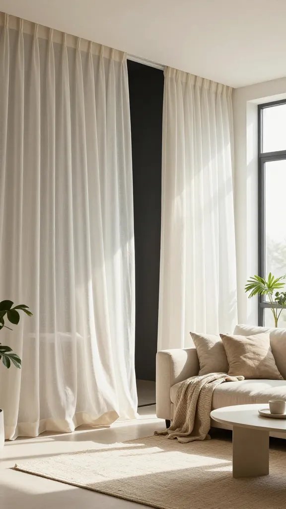 A bright, airy 23-square-meter studio apartment interior with a minimalist, modern aesthetic. The main subject is a cozy living area featuring sheer floor-to-ceiling curtains softly billowing with daylight, lightweight linen throw pillows in natural tones arranged on a low-profile sofa, and a breathable blackout panel integrated behind the sheer curtains to demonstrate sleep-friendly light control without heavy saturation. The color palette is light and neutral—ivory, warm beige, and pale taupe—with layered textiles: a textured linen throw, a cotton-weave rug underfoot, and sheer drapery softly filtering sunlight. Include a breathable sofa setup, a slim coffee table, and a few carefully placed green plants to convey airiness. The scene should feel inviting and lived-in, emphasizing the tactile quality of fabrics, natural light, and a sense of motion from the curtains while maintaining a realistic, high-resolution photo quality suitable for interior design inspiration. No text on the image.