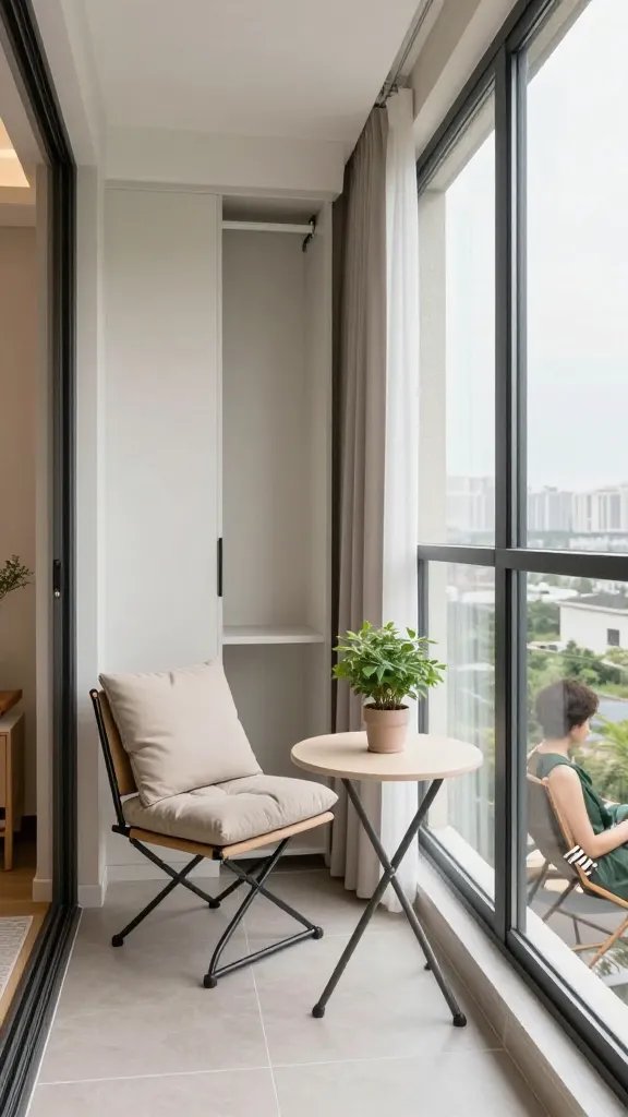 A realistic, high-quality interior photograph of a compact balcony that feels like an extra living room. The scene shows a small seating setup with a foldable chair and a compact, stylish table, paired with weatherproof cushions in neutral tones and a tiny potted greenery arrangement. Include a fold-out broom closet subtly tucked into the corner, clean lines, and soft, natural lighting to create a cozy, retreat-like atmosphere. The main subject should be a person lounging comfortably on the balcony, enjoying the extended space, with the rest of the apartment visible through an open door to emphasize how the balcony doubles the livable area. No text on the image.