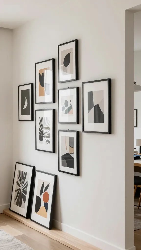 A realistic, high-quality photo of a stylish, small modern living space with smart art display strategies: a clean wall with a cluster of floating frames in a consistent slim black profile arranged asymmetrically, a few bold prints leaned on a nearby shelf for easy swap-outs, and a gallery rail system running along another wall with lightweight frames clipped in place. The room is bright with natural light, featuring neutral tones and minimal decor to maintain calm lines, while the main subject—the concept of "Smart Ways To Display Art"—is represented by curated, rotating art pieces that feel bold yet cohesive in the space. No text on the image.