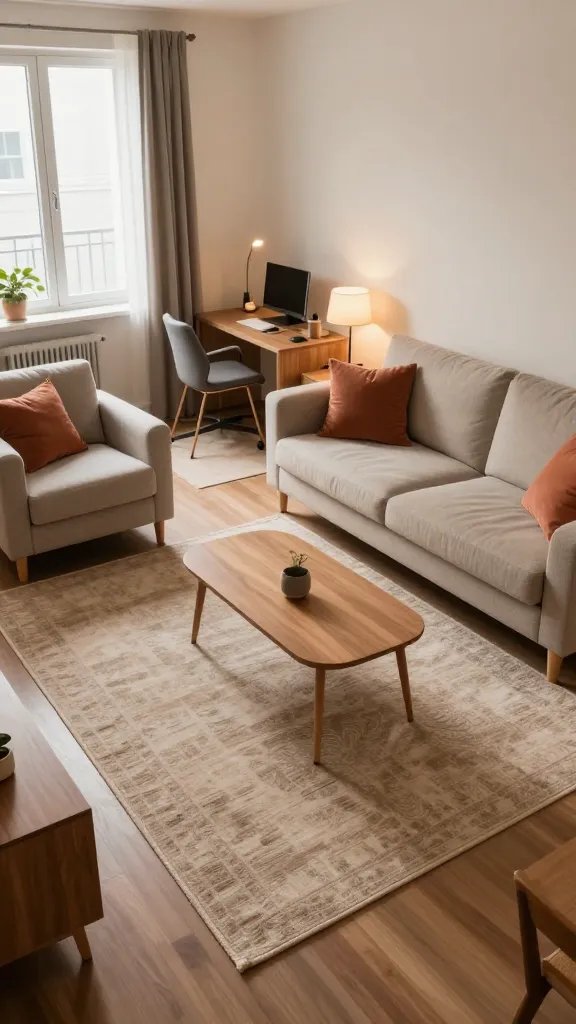A realistic, high-quality photograph of a small studio apartment living area that clearly demonstrates the power of rugs to define zones. The scene features a cozy seating zone anchored by a large, low-pile rug in a warm, neutral color that complements the color story of the space. The rug underpins a compact sofa, a pair of armchairs, and a small coffee table, with all major furniture pieces visibly sitting on the rug to show proper anchoring. The color palette harmonizes with earthy tones—soft beiges, warm taupes, and subtle terracotta accents—with a few accent pillows and a throw tying into the rug’s hues. Surrounding zones include a compact dining nook and a compact workstation, delineated by the rug’s edges and a second, smaller rug under the dining table to reinforce separate zones without clutter. The lighting is natural daylight from a nearby window, supplemented by warm, ambient lamps to create depth and warmth. The space appears organized, with clean lines, smart storage, and minimal clutter, demonstrating how the rug creates instant structure, making the space feel intentional and bigger. No text or branding in the image.