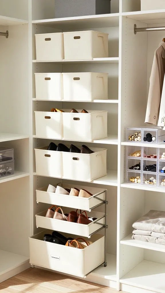A realistic high-quality photo of a modern, organized closet makeover, featuring a neatly arranged closet with clear labeled bins and pull-out accessories and shoe organizers. The closet is bright and airy with natural light streaming in, smooth white shelving, and uniform storage bins labeled for visibility. Shoes are neatly lined on a pull-out rack, handbags tucked in designated bins, and small accessories organized in labeled transparent containers. The main subject should be a calm, clutter-free space that feels like a separate room of calm, showcasing a spotless, efficient system with a tidy, inviting ambiance. No text on the image.