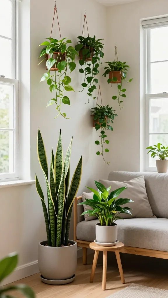 A realistic, high-quality photo of a bright, modern small studio living space featuring abundant greenery. The main subject should be a prominent, thriving plant scene that embodies the article's focus on plant life that breathes fresh energy: include a tall snake plant with upright, sword-like leaves in a sleek ceramic pot, cascading pothos vines gracefully draping from a wall-mounted planter, and a compact ZZ plant with glossy, oval leaves on a mid-century plant stand. Arrange multiple hanging planters with trailing pothos above a compact sofa to maximize surface area savings, while a large window floods the room with natural light. The room should have light, neutral walls, warm wood tones, and minimalist furniture with clean lines. Show proper drainage trays under pots, subtle wipe-clean leaf surfaces, and a few greenery accents that soften corners. Ensure the scene conveys a fresh, welcoming atmosphere where greenery integrates seamlessly into a small, urban studio without any text or branding.