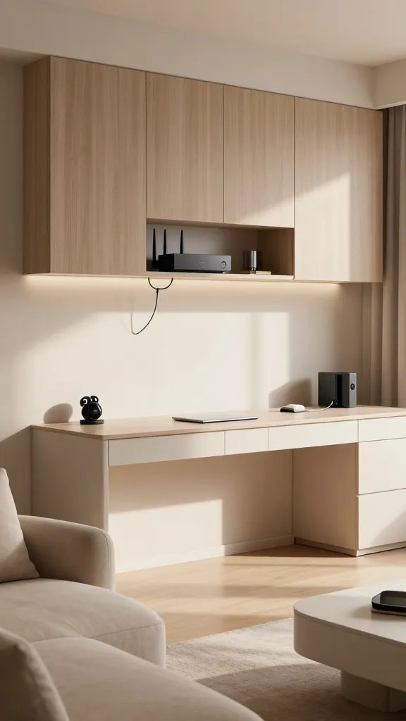 A modern, sunlit small studio living space showcasing a clutter-free tech setup integrated into chic cabinetry: a slim, wall-mounted concealed router and streaming device tucked behind matte-wood cabinetry with soft-close doors, wireless earbuds charging on a minimalist built-in charging dock, and a discreet cable management panel with hidden cables behind a streamlined console table. The main subject is a stylish, compact tech area that looks magical and expansive, with no visible cords, a clean desk surface, and a subtle, warm color palette of beige, taupe, and white. A low-profile sofa and a small coffee table sit nearby, with balanced natural light and reflections from glossy surfaces, creating an uncluttered, high-quality photo that conveys sophistication and spaciousness without any text.