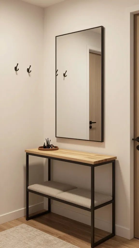Create a realism-style, high-resolution photograph of a small studio apartment entry that immediately feels welcoming and organized. The scene centers on a slim, modern console table placed against a wall with a large mirror mounted behind it to visibly bounce light and create depth. On the console, include a small, stylish tray for keys and a couple of simple decorative items. A compact bench sits beneath or beside the console, with a cozy textured rug partially visible in front. Add a few wall hooks for bags near the entry and subtle, warm lighting to evoke a calm, inviting mood. The overall composition should convey an instant sense of organization and readiness, despite the tiny space, with natural tones and minimal clutter. The image should be photorealistic, with accurate textures for wood, metal, fabric, and glass, and no text or branding visible in the scene.