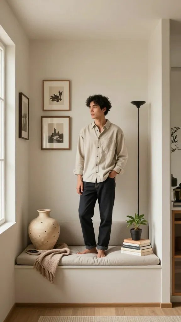 A realistic, high-quality photo of a compact, modern studio living space with a warm, personalized vibe. The main subject is a stylish, confident person standing near a cozy seating nook, surrounded by 3-5 clearly defined focal pieces that reflect their personality (for example: a unique handcrafted ceramic vase, a curated wall of 2-3 meaningful framed keepsakes and a distinctive floor lamp, plus a small stack of favorite books). The decor is intentionally minimal yet expressive, with a few signature items arranged neatly to avoid clutter. Seasonal touches are visible (a small throw blanket, a plant, a seasonal accessory) that can be rotated out, maintaining an airy feel. The color palette is cohesive and warm—soft neutrals with one or two accent colors—and natural light pours in from a window, casting gentle shadows. The space demonstrates smart organization: hidden storage, clean surfaces, and a tasteful balance of personality and practicality that makes the room feel roomy. No text on the image.