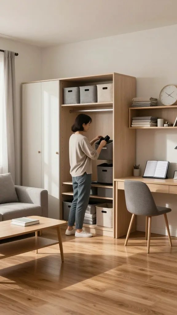 A realistic, high-quality photo of a tidy, small studio apartment interior showing a calm, organized space that feels larger than it is. The main subject should be a person in their late 20s to 30s, depicted in the act of a weekly 15-minute tidy-up, placing a small item into an unobtrusive storage bin as part of a serene maintenance rhythm. The scene includes clearly defined zones: a compact living area with a compact sofa, a slim coffee table, and a hidden storage cabinet; a neatly organized wardrobe or shelving unit with labeled bins; a small desk area with minimal clutter and a digital planner open to a weekly schedule; a wall clock and a muted color palette of soft beiges, cool grays, and warm wood tones to convey calm clarity. Natural light filters through a sheer curtain, casting gentle shadows that emphasize open floor space and reflections on a polished wood or laminate floor. Subtle signs of routine organization—folded throws neatly stacked, a few items in labeled baskets, a tidy countertop—suggest monthly purges and seasonal reorganizations without showing any actual clutter or disarray. The overall mood is peaceful, disciplined, and inviting, illustrating how small maintenance rituals create a perceptibly larger, calmer living environment. Ensure no text appears in the image.