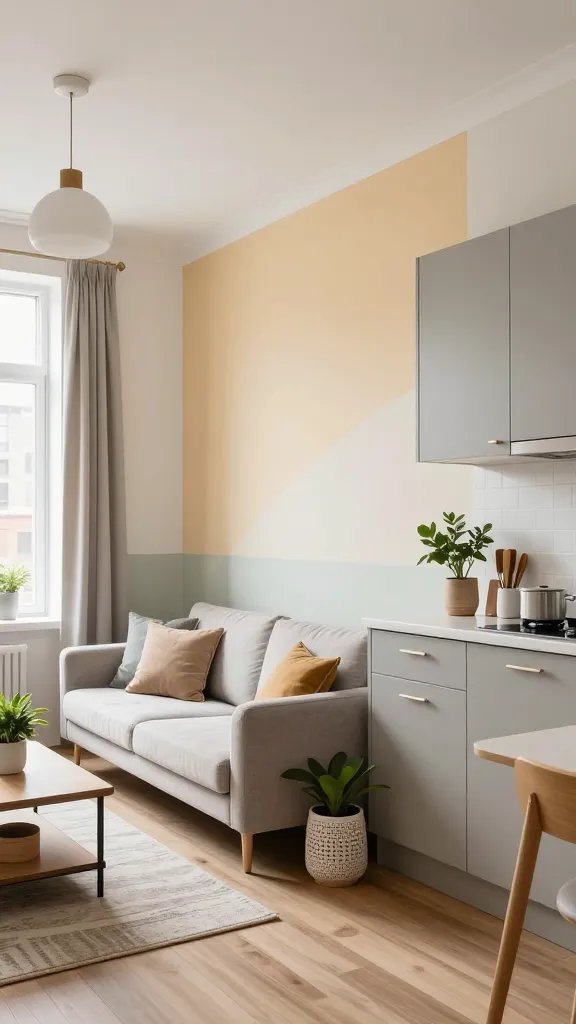 A bright, stylish small studio living space with a modern, airy vibe, shown in a high-resolution, realistic photo. The main subject is a compact, well-organized studio that feels abundant despite its size. A feature wall painted in soft, tasteful paint swatches (ranging from warm neutrals to a touch of color) sits behind a chic, minimalist sofa with a few tasteful throw pillows. Nearby, updated hardware on compact cabinetry gleams, giving the space a fresh facelift. A statement light fixture hangs from the ceiling, drawing the eye upward and illuminating the room. The room includes a small, neatly arranged kitchenette with new cabinet handles, a slim dining area, and subtle decor that adds character without clutter. Natural light streams through a large window with sheer curtains, and there are a few well-chosen, budget-friendly accents—plants, a simple rug, and a functional, stylish storage solution—creating a sense of abundance and accomplished, well-designed living in a city apartment.