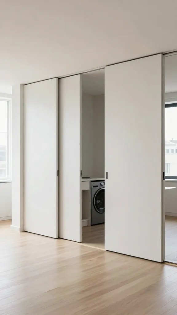 A realistic, high-quality interior photograph of a modern tiny apartment showing a seamless, open floor plan with pocket doors that vanish into the wall. The image centers on a bright, airy living area that flows into a compact adjacent hallway or room, with smooth wall surfaces and clean lines. Doors are flush with the wall when open, creating no swing arc and a sense of uninterrupted space. The scene includes subtle indicators of a small laundry load being shuffled past—custom pocket doors partially open to reveal a tidy closet or utility nook behind them. Natural light pours in from large windows, reflecting off light wood and neutral-toned surfaces, minimalistic decor, and a cohesive color palette of whites, soft beiges, and warm gray. The overall mood is modern, streamlined, and spacious, illustrating how pocket doors maximize space in a tiny apartment. No text or logos in the image.