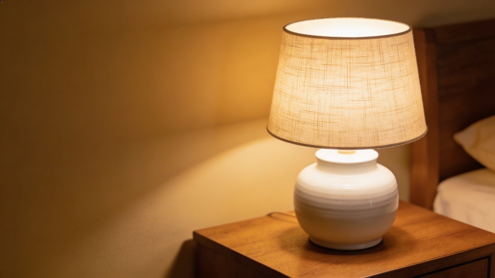 White ceramic table lamp on nightstand