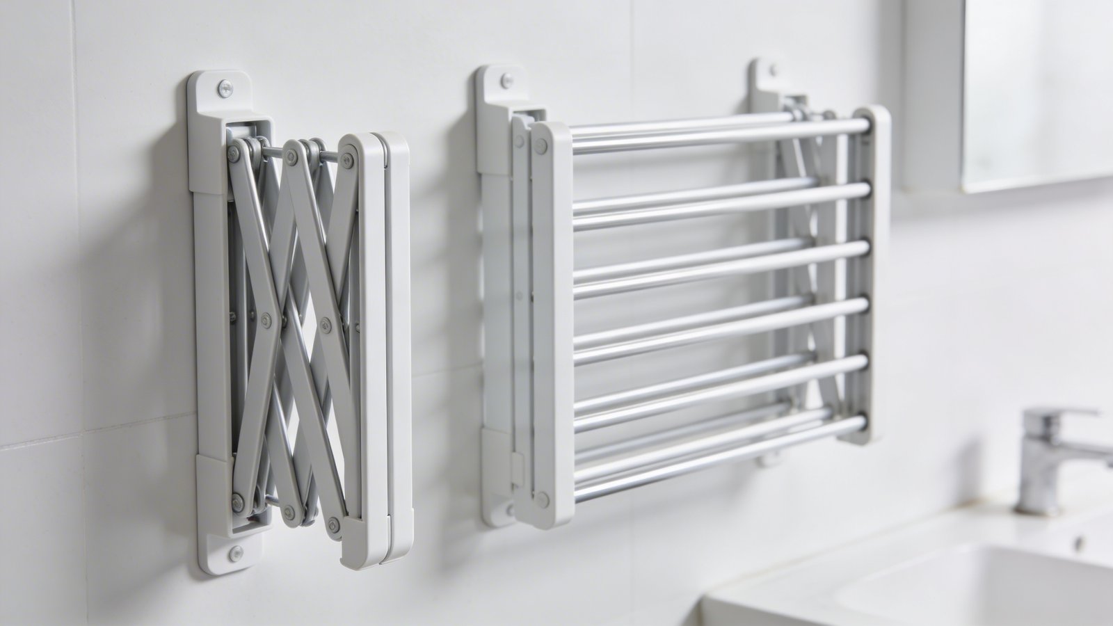 Wall-mounted folding drying rack in white bathroom closeup