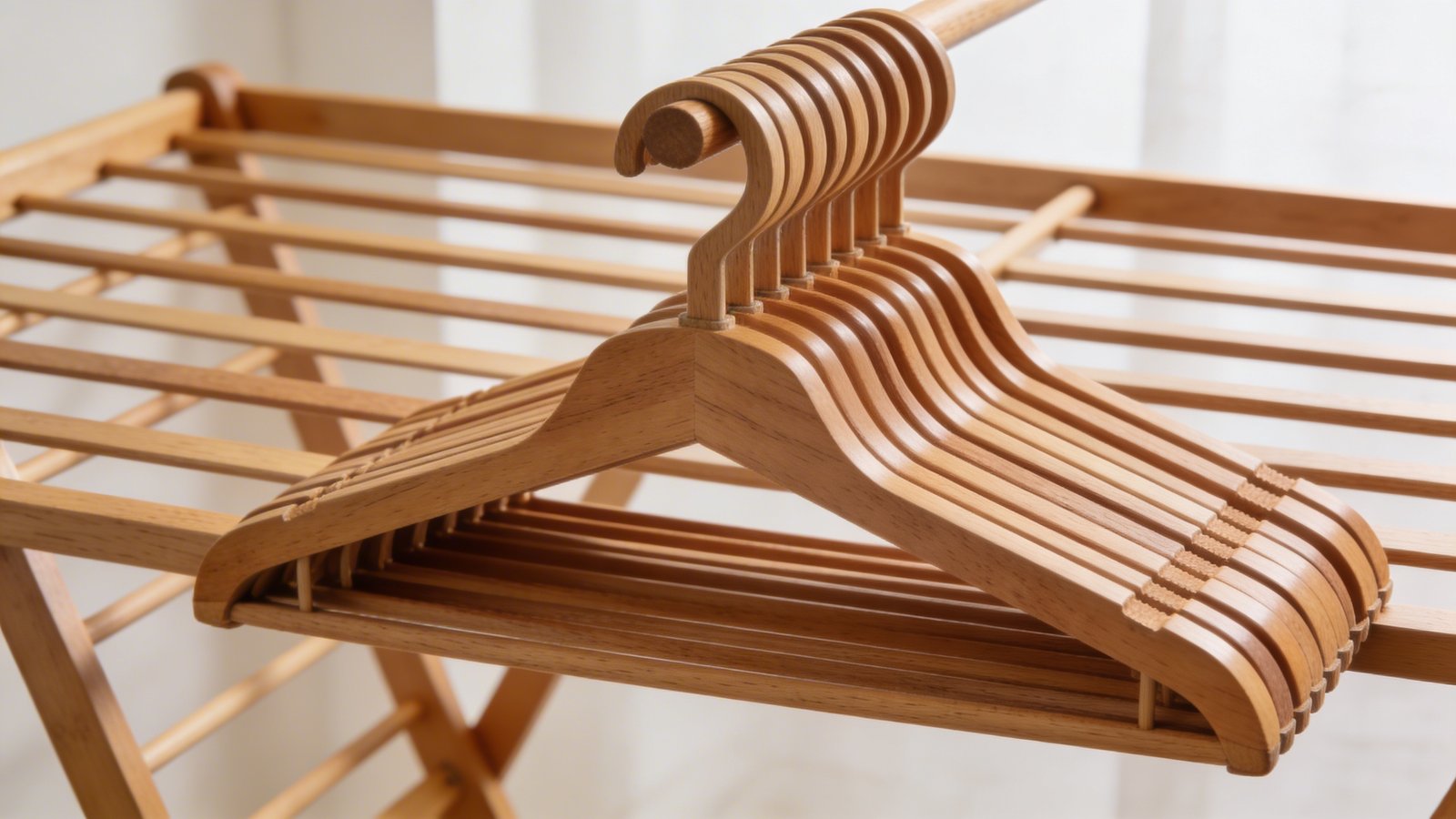 Compact accordion-style wooden clothes drying rack fully extended