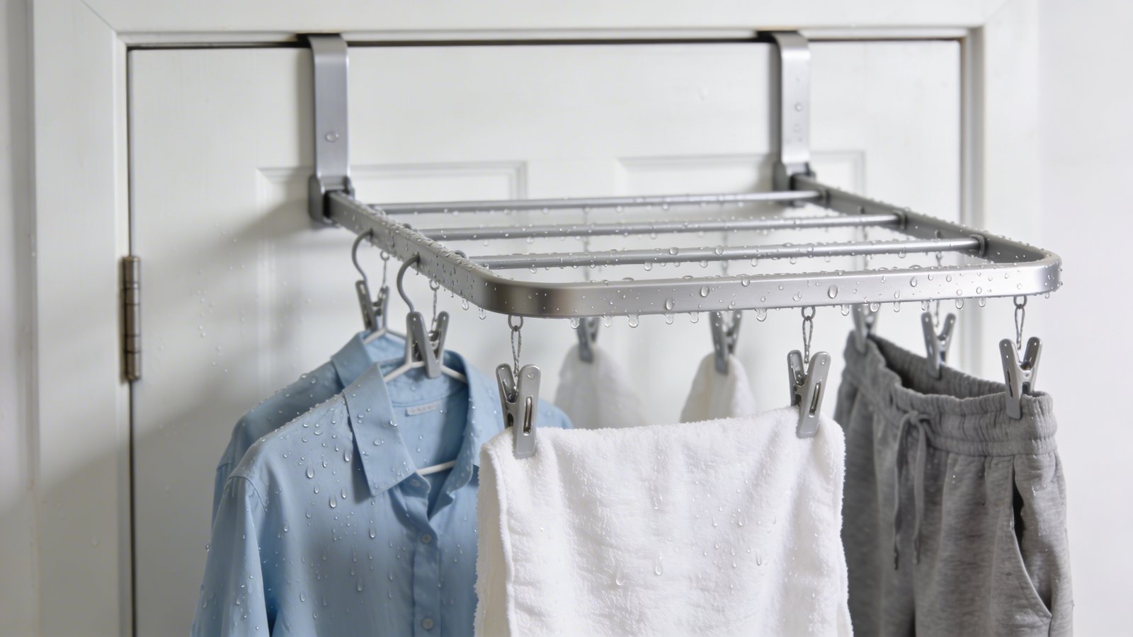 Over-door hanging laundry rack with wet clothes