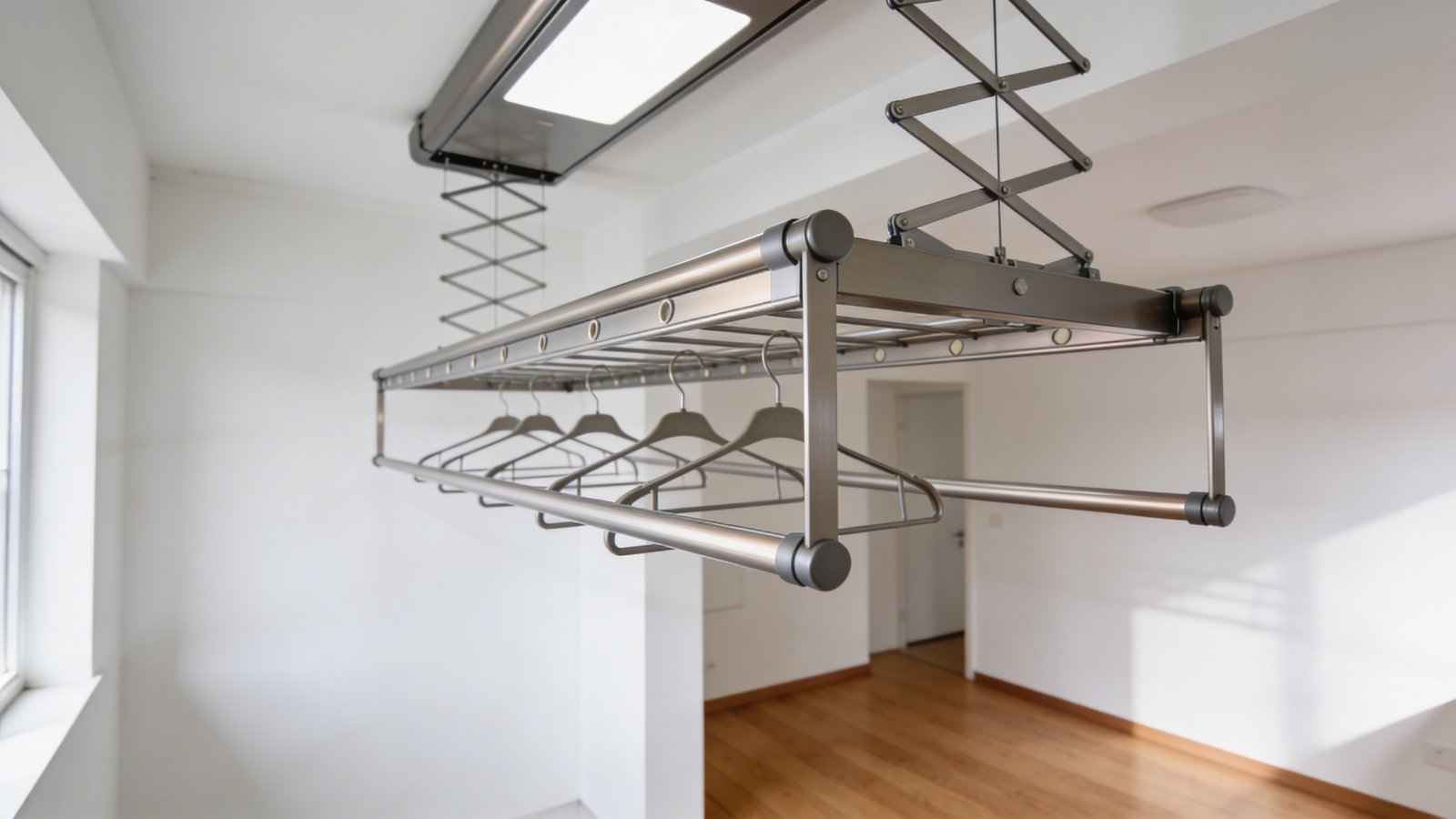 Retractable ceiling-mounted drying rack in small apartment
