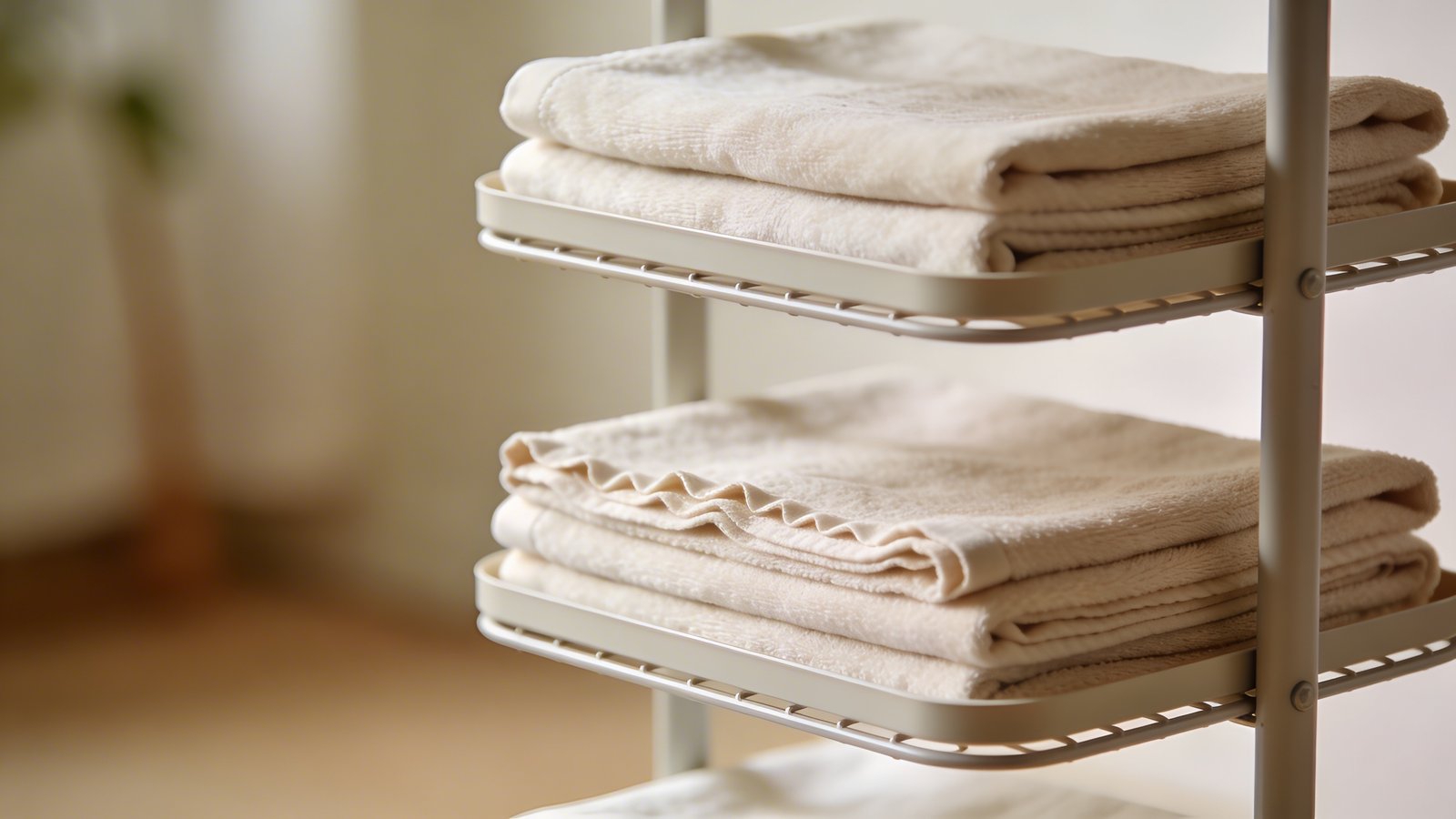 Tiered vertical drying rack with folded towels closeup