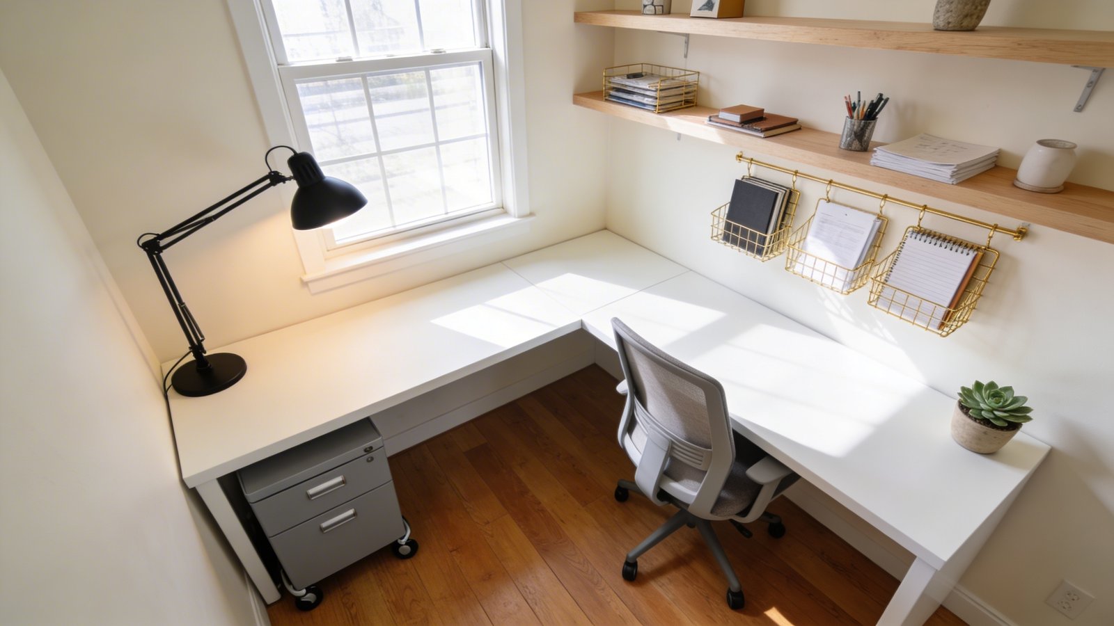 A bright corner home office setup photographed from a 45-degree angle, featuring a sleek white L-shaped corner desk positioned against cream-colored walls with abundant natural sunlight streaming through a nearby window, a modern black adjustable desk lamp illuminating the workspace, light wood floating shelves mounted above displaying minimal decor and organized office supplies, a compact gray rolling filing cabinet tucked beneath the desk, wall-mounted gold wire organizers holding notebooks and papers, a comfortable ergonomic chair, small potted succulent on the desk, warm hardwood flooring, creating a cozy yet professional productivity corner in a small space, photorealistic interior photography style, natural lighting, contemporary minimalist aesthetic