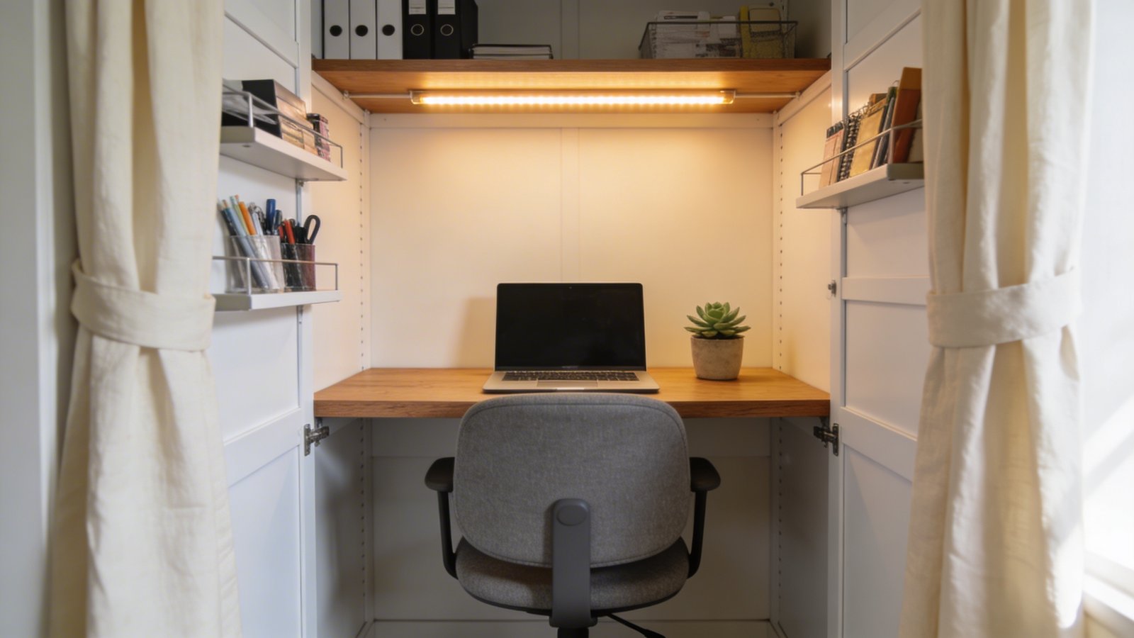 A bright, realistic photograph of a small converted closet workspace shot from a front-facing angle, featuring a wooden desktop mounted at seated height between white closet walls, a comfortable gray ergonomic chair tucked underneath, warm LED strip lighting illuminating the top shelf, a laptop and small potted succulent on the desk, floating shelves with organized office supplies on the side walls, and elegant cream-colored linen curtains partially pulled back on either side ready to conceal the workspace, all captured in natural afternoon lighting with a shallow depth of field