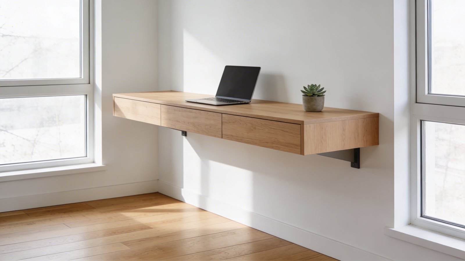 A bright, airy home office featuring a sleek wall-mounted floating desk in light oak wood positioned between two large windows with natural sunlight streaming in, the minimalist desk holds a laptop and small succulent plant, showing the clean floor space underneath with hardwood flooring, shot from a side angle at desk height to emphasize the floating effect and spacious feeling, Scandinavian modern interior design style with white walls, professional real estate photography quality