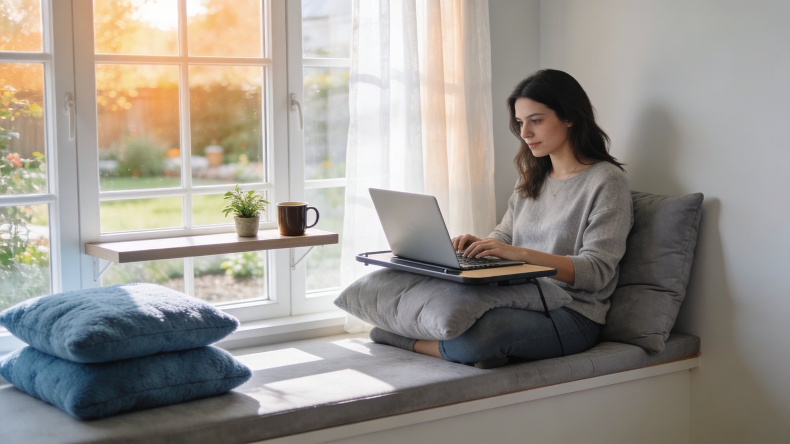A bright and inviting window seat workspace transformed into a productive home office nook, featuring a woman sitting comfortably on a built-in bench with plush gray cushions, working on a laptop with a small floating shelf mounted beside the window holding a coffee mug and small plant, abundant natural daylight streaming through large white-framed windows, sheer curtains gently diffused to the side, cozy throw pillows in muted blue tones stacked neatly, a compact lap desk on her knees, peaceful garden view visible outside, warm morning light creating a serene and focused atmosphere, photographed from a side angle in the room, realistic interior photography style, soft natural lighting, shallow depth of field