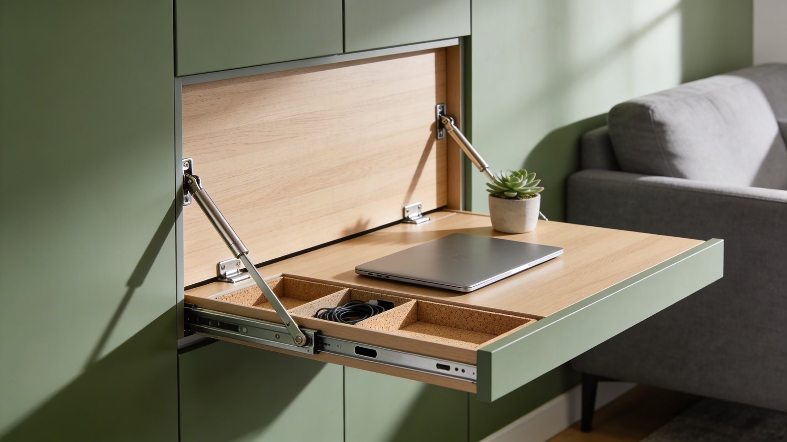 A modern Murphy desk in mid-position mounted on a sage green living room wall, captured from a 45-degree side angle showing the fold-down mechanism with soft-close hinges in brushed nickel finish, the desk surface is light oak wood in a partially lowered state revealing built-in cork organizers and concealed cord management slots, small potted succulent and a sleek laptop visible on the work surface, warm afternoon sunlight streaming from a nearby window creating soft shadows, minimalist Scandinavian interior with a grey sofa partially visible in the background, ultra-realistic photography, sharp focus, depth of field
