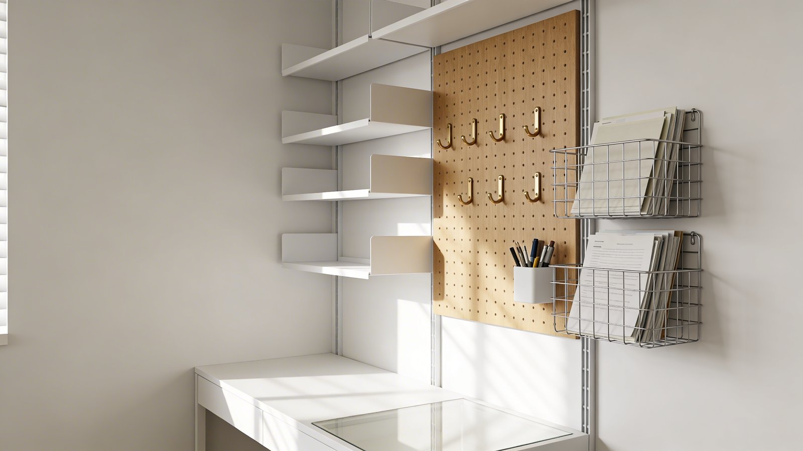 A bright, well-lit tiny home office corner showcasing an impressive floor-to-ceiling vertical storage system with white floating shelves arranged in graduated sizes, a natural wood pegboard with brass hooks holding office supplies, wall-mounted wire baskets containing papers and documents, and a minimalist white desk below with a clear surface, shot from a 45-degree angle in natural daylight with soft shadows, Scandinavian interior design style, organized and clutter-free aesthetic, shallow depth of field emphasizing the vertical organization
