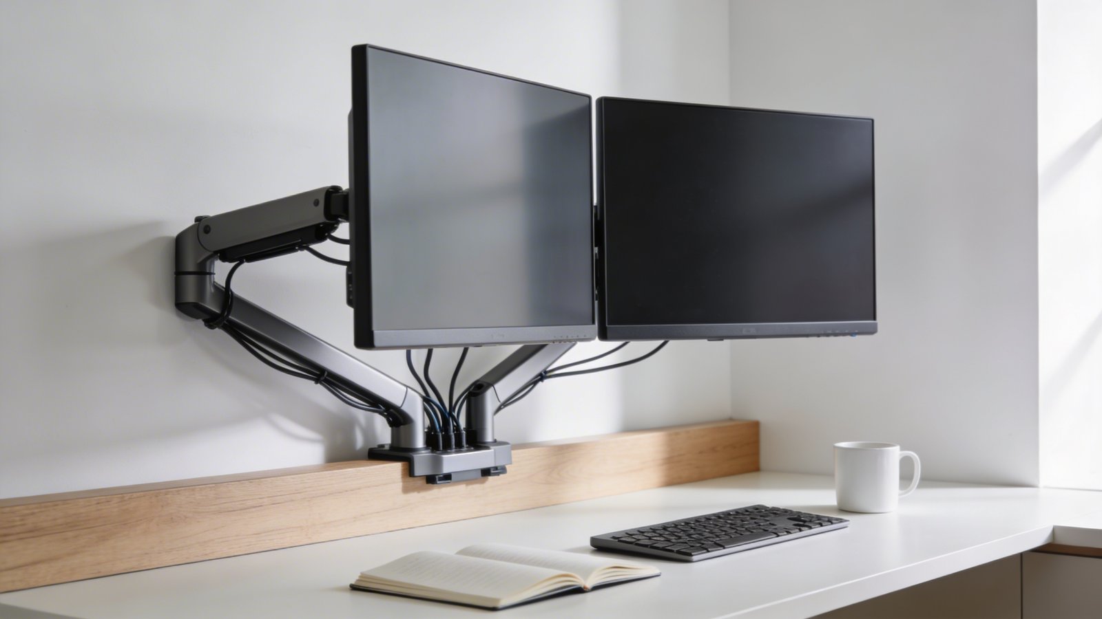 A modern compact home office workspace photographed from a side angle, featuring two sleek monitors mounted on adjustable articulating arms clamped to a light wood desk edge, floating above the work surface with cables neatly organized through the arm's management system, underneath the monitors is a clean workspace with a wireless keyboard, open notebook, and white coffee mug, natural daylight coming from the side, minimalist Scandinavian aesthetic with white walls, shallow depth of field focusing on the ergonomic monitor arm setup at perfect eye level height