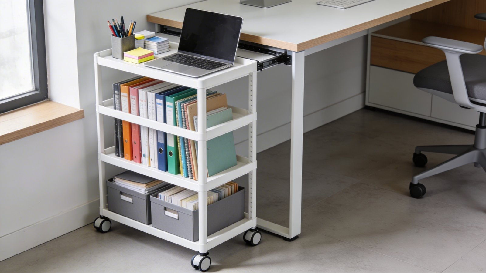 A high-quality photograph of a three-tier white rolling cart positioned next to a modern home office desk, shot from a 45-degree angle showing the cart's full height and organization system. The top tier displays neatly arranged daily essentials including pens in a holder, sticky notes, and an open laptop, the middle tier holds colorful notebooks and reference binders standing upright, and the bottom tier contains labeled storage boxes with archived files. The cart features smooth-rolling casters and a slim profile that fits under the desk edge. Natural lighting from a nearby window illuminates the organized supplies, with a contemporary workspace visible in the background including a minimalist desk and ergonomic chair. The scene demonstrates the cart's mobility and compact storage capabilities in a clean, professional home office setting with neutral tones of white, gray, and natural wood accents.
