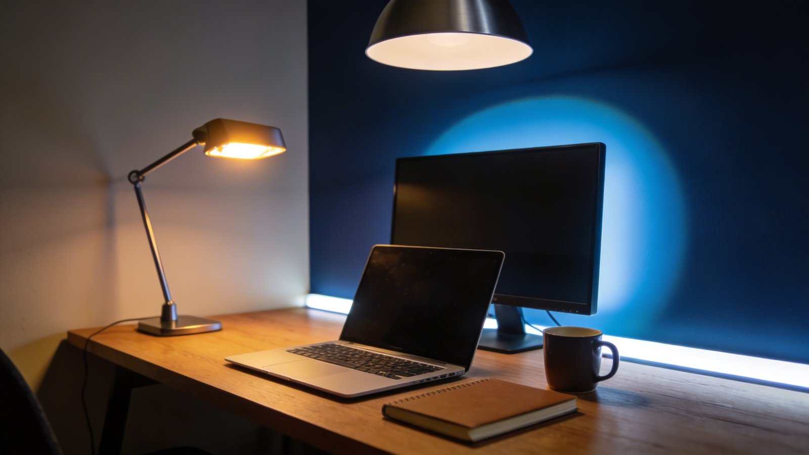A modern compact home office desk photographed from a 45-degree side angle showing three distinct layers of lighting: a sleek overhead pendant light casting soft ambient glow, a contemporary adjustable desk lamp with warm LED positioned on the left side of the desk illuminating work surface, and a subtle blue-white bias light strip glowing behind a computer monitor, creating a halo effect against a navy blue wall. The scene includes a wooden desk with a laptop, notebook, and coffee mug, captured in evening setting to emphasize the different light sources creating depth and dimension, professional interior photography style with shallow depth of field.