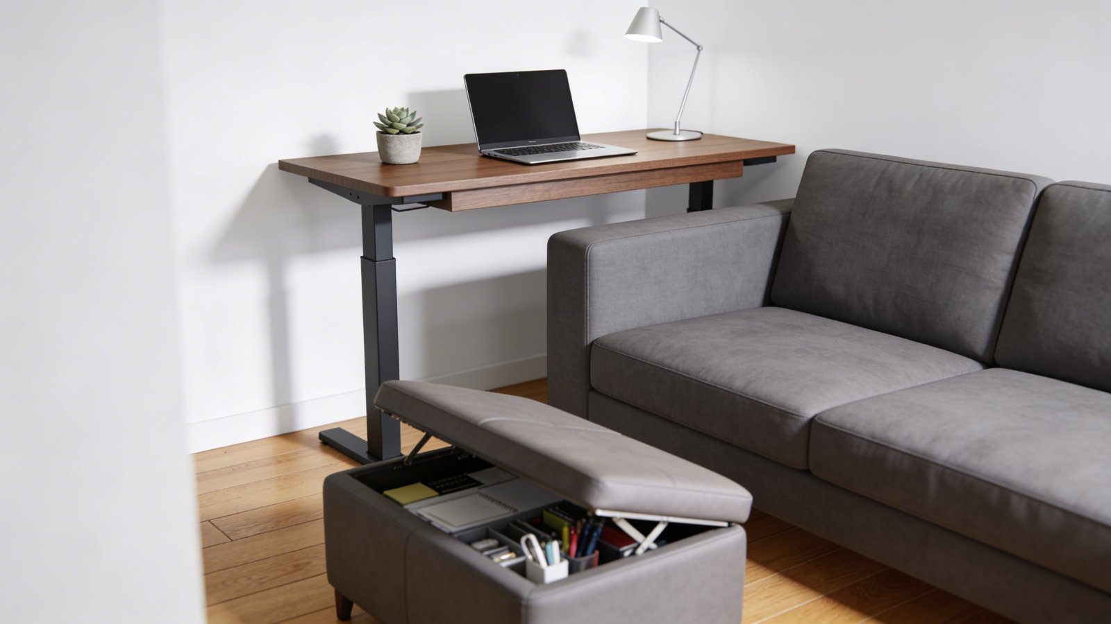 A modern small home office showcasing a sleek wooden console table positioned behind a contemporary gray sofa, functioning as a standing desk with a laptop, small potted succulent, and minimalist desk lamp on top, alongside an elegant ottoman with its lid slightly open revealing organized office supplies inside, photographed from a 45-degree angle in a bright, naturally-lit room with white walls and warm oak flooring, shallow depth of field highlighting the dual-purpose furniture arrangement in a compact living space