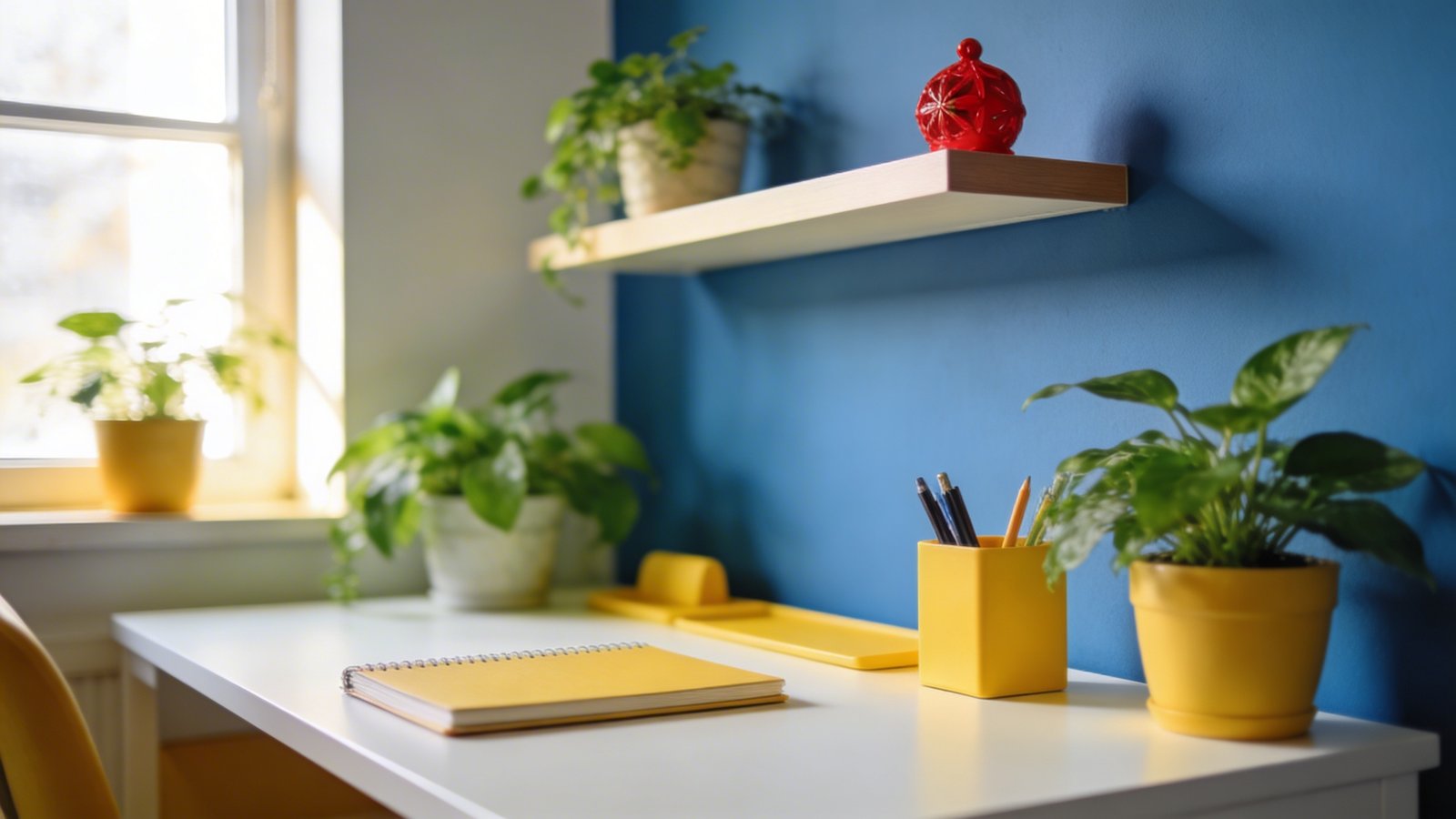 A bright, compact home office workspace photographed from a three-quarter angle showing a white desk against a calming blue accent wall, with yellow desk accessories including a pen holder and notebook, several green potted plants on the desk and floating shelf above, and a small red decorative object as an accent piece, natural daylight streaming through a nearby window, professional interior photography style, shallow depth of field, warm and inviting atmosphere