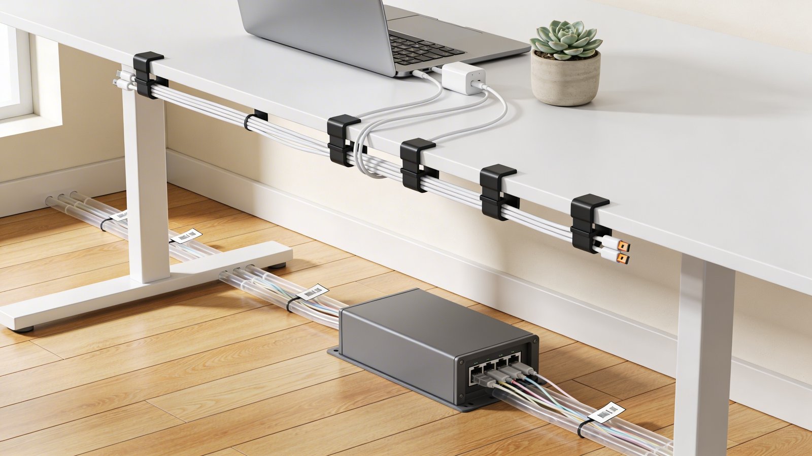 A high-quality photograph of a minimalist white desk setup shot from a 45-degree side angle, showcasing impeccable cable management with black cable clips neatly organizing white charging cords along the desk's back edge, translucent cable sleeves bundeling multiple wires together beneath the desk, a sleek gray cable management box concealing a power strip on the wooden floor, with small labeled tags visible on cord ends, natural daylight streaming from the left side, a laptop and small potted succulent on the desk surface, warm oak flooring, creating a sense of calm organization and professional workspace efficiency