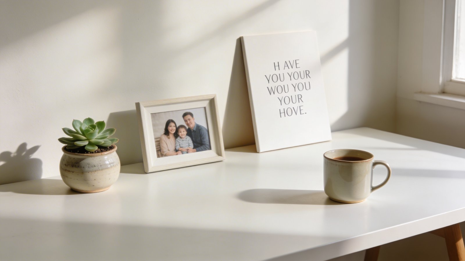 A bright, inviting tiny home office workspace photographed from a three-quarter angle showing a clean white desk with exactly four carefully curated personal items: a small potted succulent plant in a ceramic pot, a single framed family photo, a minimalist motivational art print leaning against the wall, and an elegant ceramic coffee mug, all arranged with intentional spacing against a soft neutral background with natural window light creating gentle shadows, demonstrating the perfect balance between personality and productivity without clutter, shallow depth of field, professional interior photography style