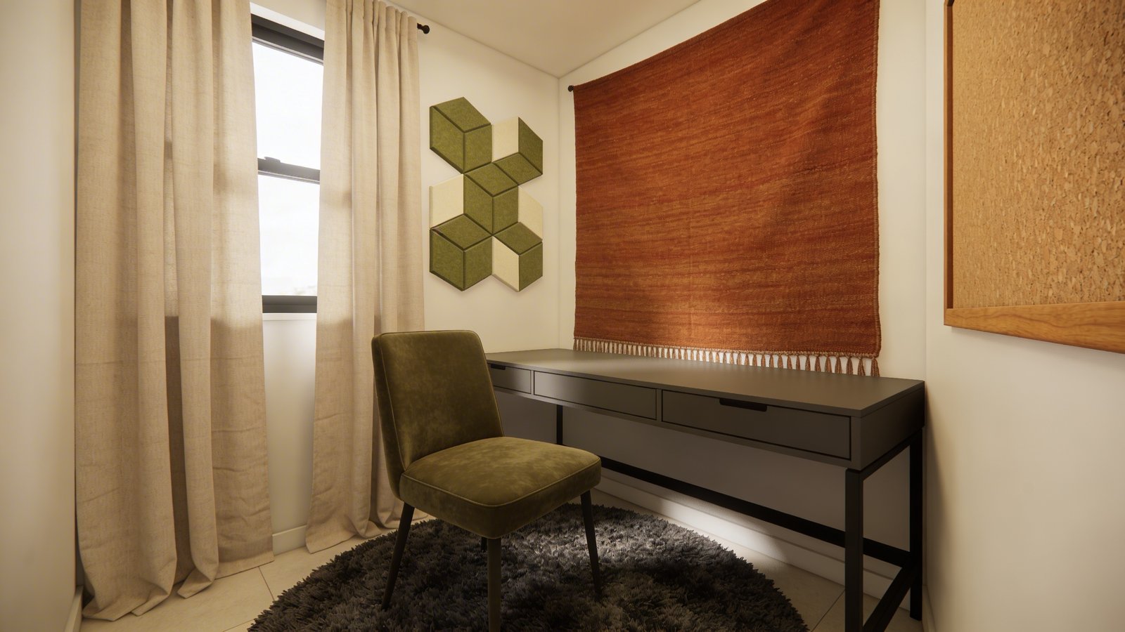A modern compact home office workspace photographed from a three-quarter angle, featuring a sleek desk setup against a wall adorned with a large textured fabric tapestry in warm terracotta tones, geometric acoustic panels mounted as decorative art pieces in sage green and cream, a plush deep pile area rug in charcoal gray beneath the desk chair, floor-length linen curtains in natural beige framing a window with soft diffused daylight, an upholstered desk chair in muted olive velvet, and a cork board with a wooden frame on the side wall, creating a cozy sound-dampened atmosphere with layered textures and earth-toned color palette in a small professional workspace