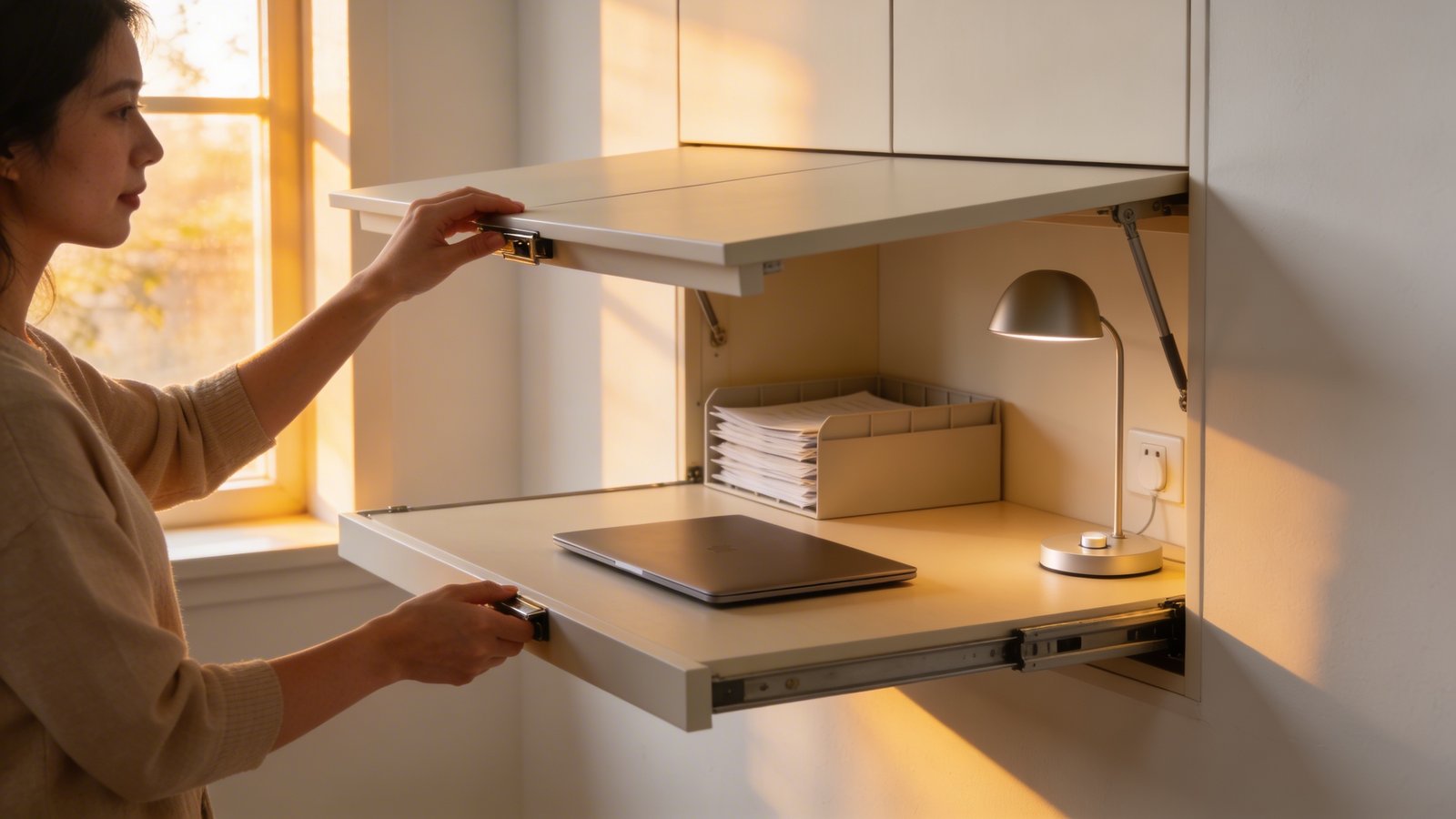 A warm, inviting photograph of a woman's hands closing a sleek Murphy desk attached to a white wall at golden hour, with soft afternoon sunlight streaming through a nearby window. The desk is being folded up to reveal an organized workspace with a closed laptop, a neatly stacked paper tray, and a switched-off modern desk lamp, all about to disappear into the wall cabinet. The scene captures the exact moment of the desk being lifted upward, showing the transformation from workspace to living space. Shot from a side angle in a cozy home setting with warm beige and cream tones, shallow depth of field focusing on the hands and closing mechanism, peaceful and serene atmosphere suggesting end-of-workday tranquility.