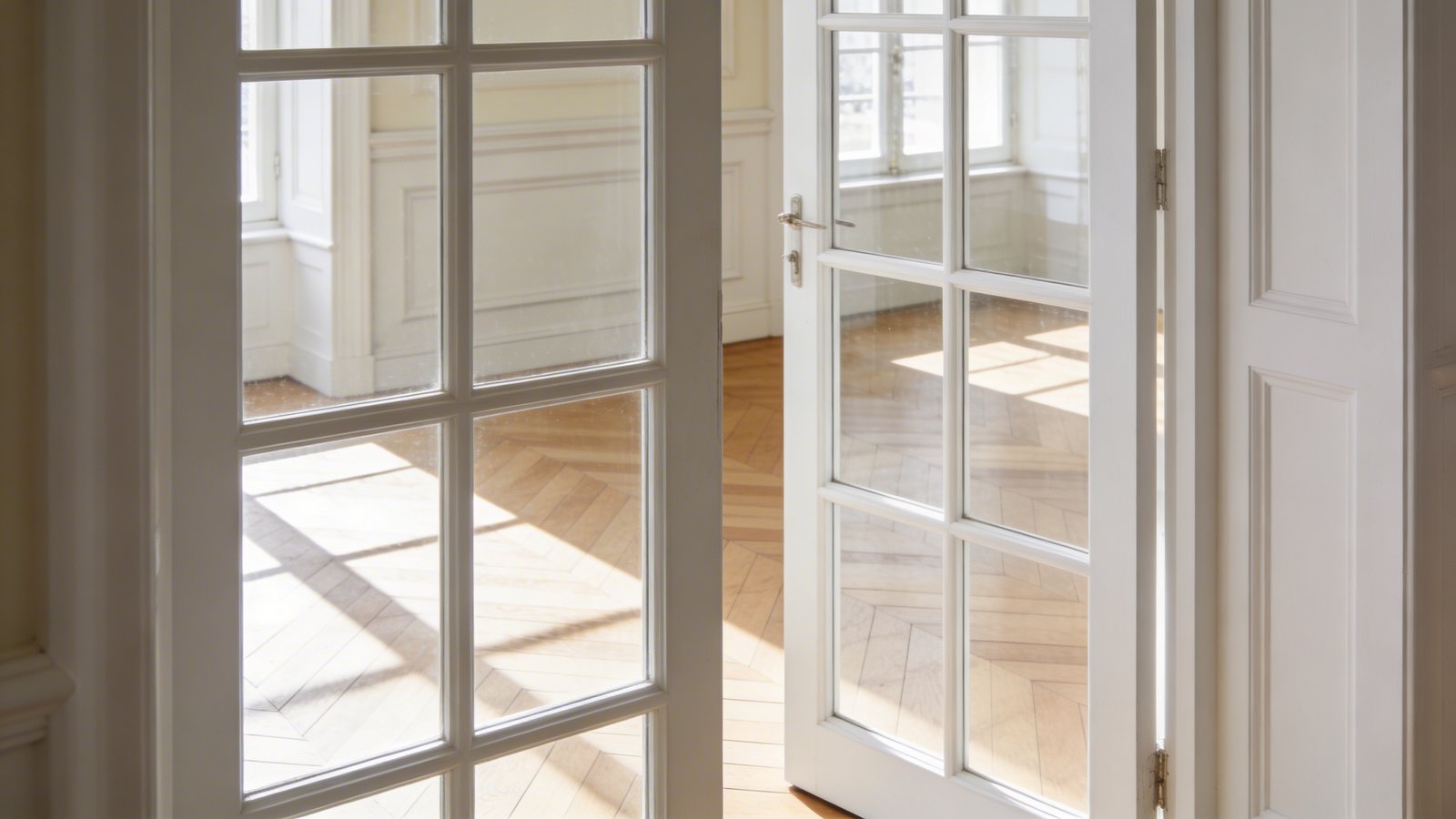 A bright Parisian apartment interior showcasing elegant tall French doors with white-painted frames and multiple glass panes separated by thin muntins, the doors slightly ajar revealing a sunlit room beyond, soft natural light streaming through the glass creating delicate shadows on herringbone wooden floors, cream-colored walls, a glimpse of classic Parisian molding, shot from a side angle emphasizing the door's graceful height and architectural detail, sophisticated and airy atmosphere with shallow depth of field