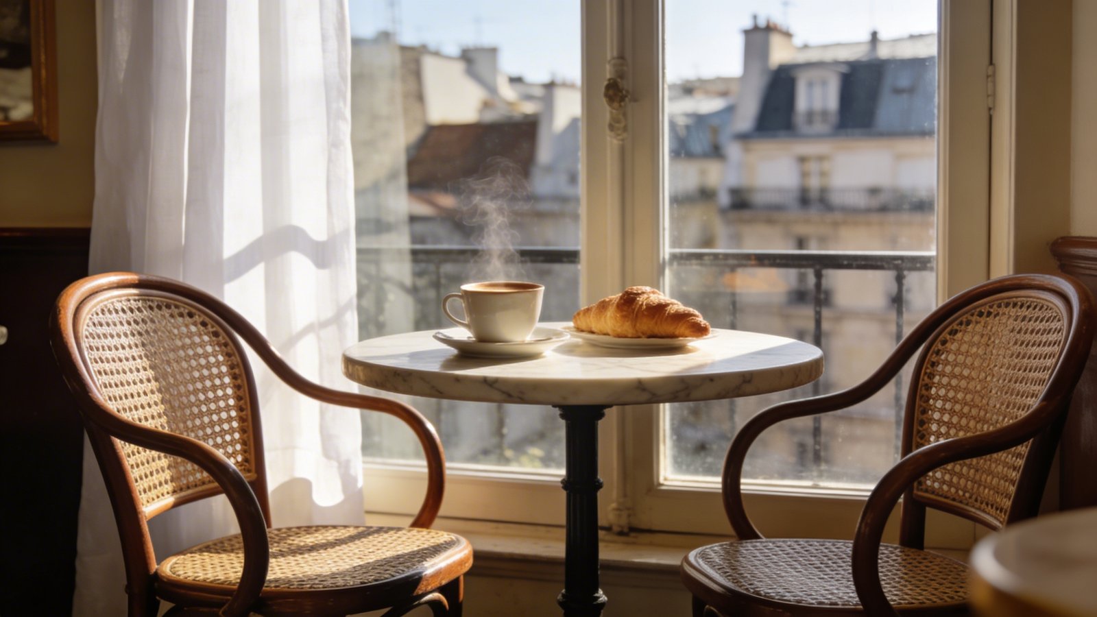 A cozy Parisian apartment corner featuring a small round marble-topped bistro table positioned beside a tall window with sheer white curtains, morning sunlight streaming through, two classic bentwood café chairs with caned backs, a steaming cup of coffee and croissant on the table, view of Parisian rooftops visible through the window, warm natural lighting, intimate café atmosphere, French apartment interior photography style, shallow depth of field focusing on the bistro setup